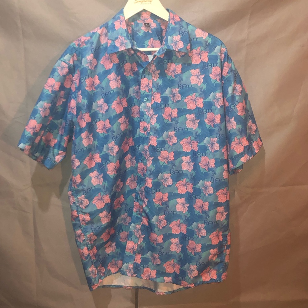 Mens Fraternity Beta short sleeve button up top Blue Pink Hawaiian print…